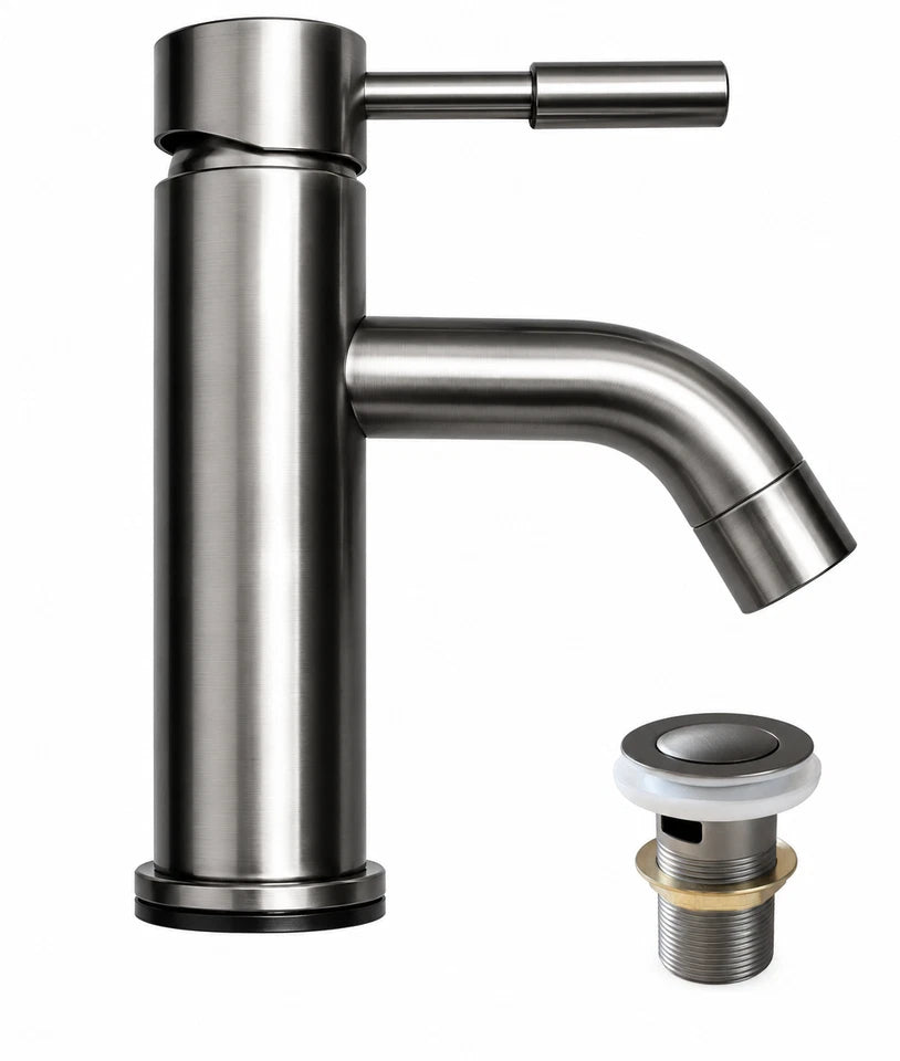 Gunmetal Grey Bathroom Basin Sink Tap Mono Mixer Round Modern Faucet + Waste