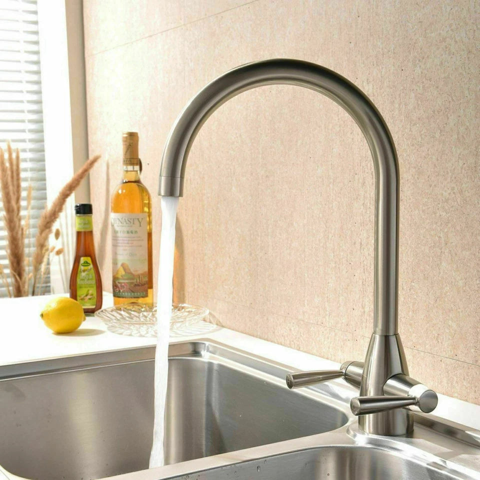 Kitchen Modern Mono Sink Mixer Tap Twin Lever Chrome Brushed Swivel Spout Faucet