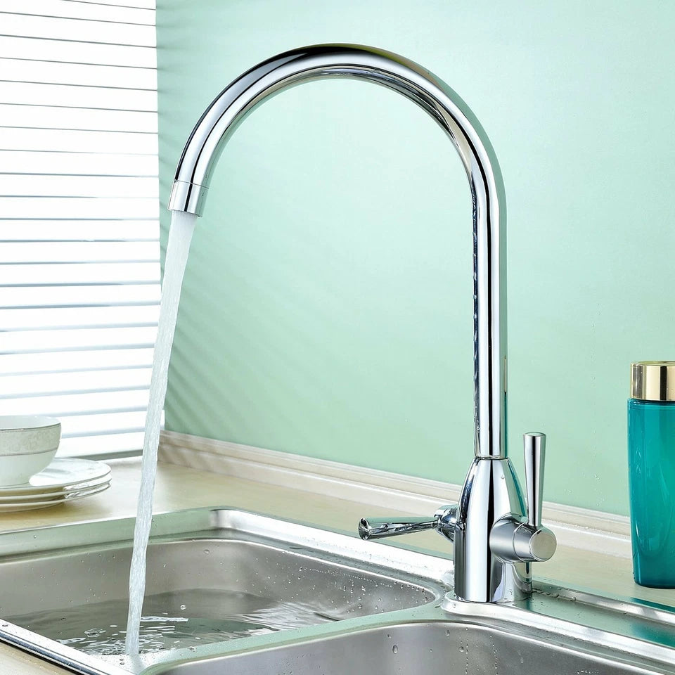 Kitchen Modern Mono Sink Mixer Tap Twin Lever Chrome Swivel Spout Faucet