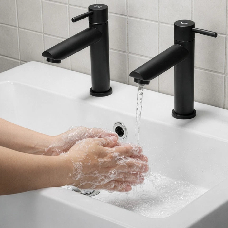 Round Cloakroom Taps Black Basin Pillar Taps Pair, Twin Hot & Cold Sink Taps