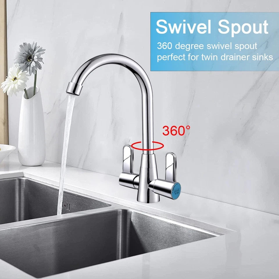 Kitchen Mixer Tap Dual Lever Swivel Spout Mono Chrome Sink Taps Faucet