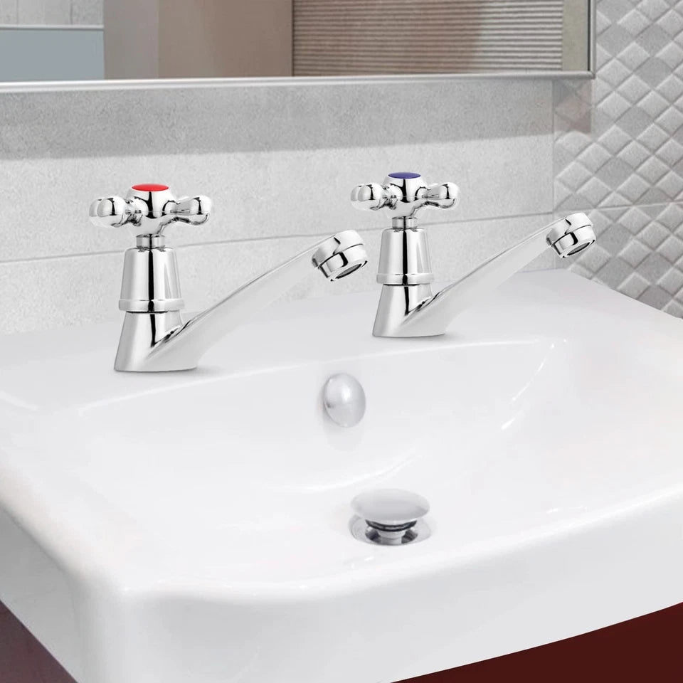 2Pcs Water Faucets Twin Basin Sink Cold and Hot Taps Pair Chrome Bathroom