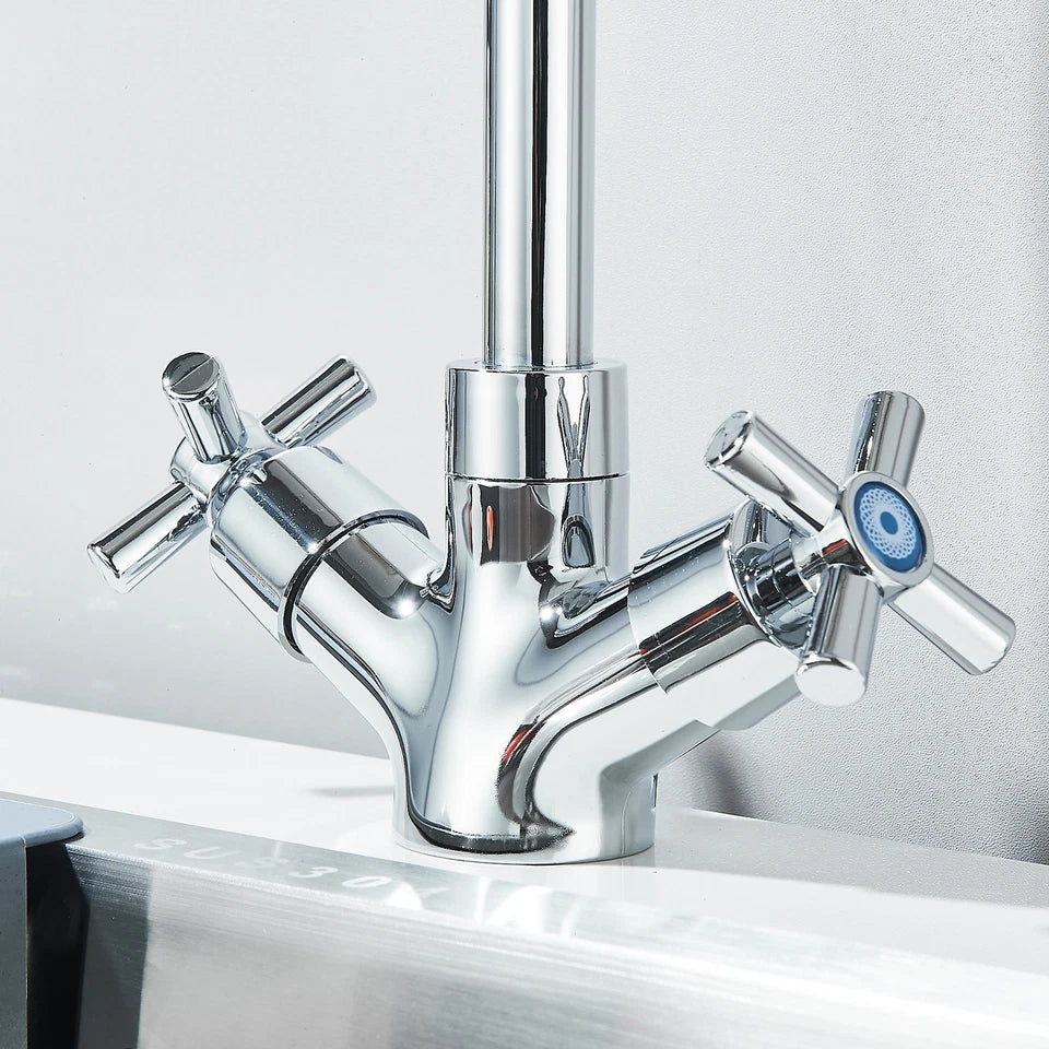 Kitchen Mixer Tap 360° Swivel Dual Handle Lever Modern Mono Chrome Effect Sink Tap