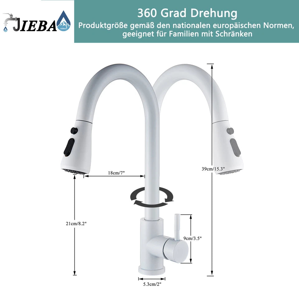 White Modern Mono Kitchen Mixer Tap Pull Out Spray Head Single Lever Swivel Sink Tap
