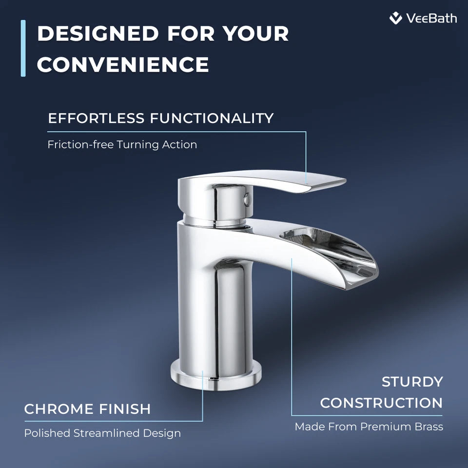 Bathroom Basin Mixer Tap with Waste Waterfall Round Mono Mixer Tap Chrome