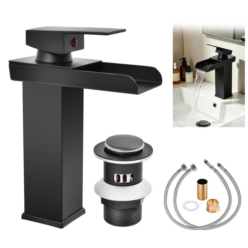 Black Square Waterfall Cloakroom Mini Basin Mixer Tap Sink Mono Bathroom + Waste