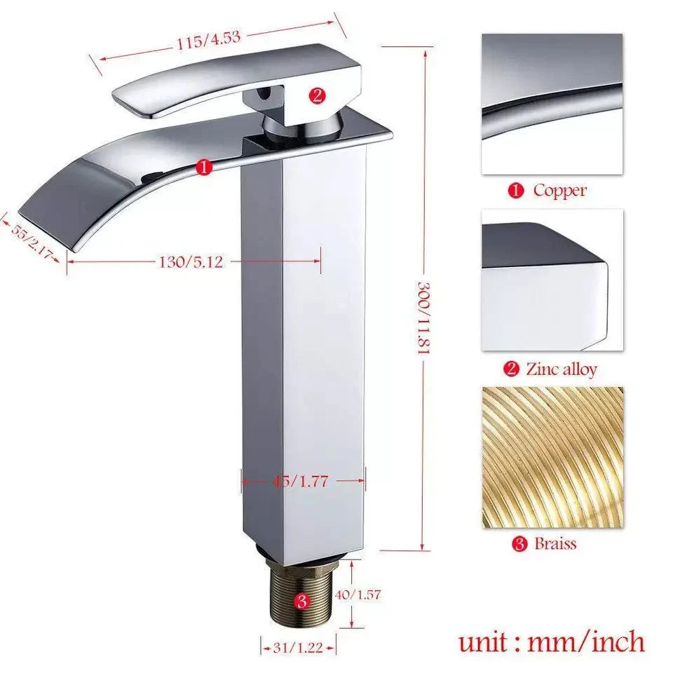 Tall Waterfall Basin Mixer Tap Chrome Bathroom Counter Top Brass Faucets Taps