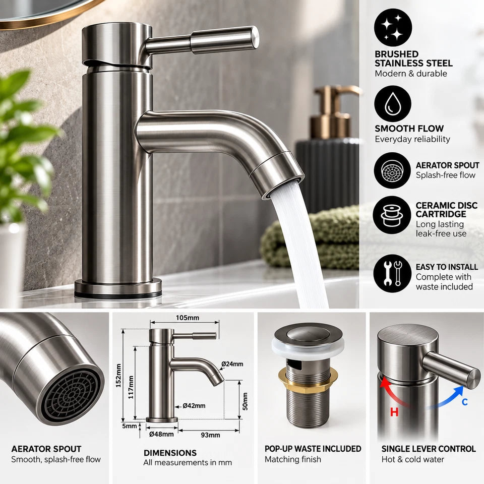 Gunmetal Grey Bathroom Basin Sink Tap Mono Mixer Round Modern Faucet + Waste