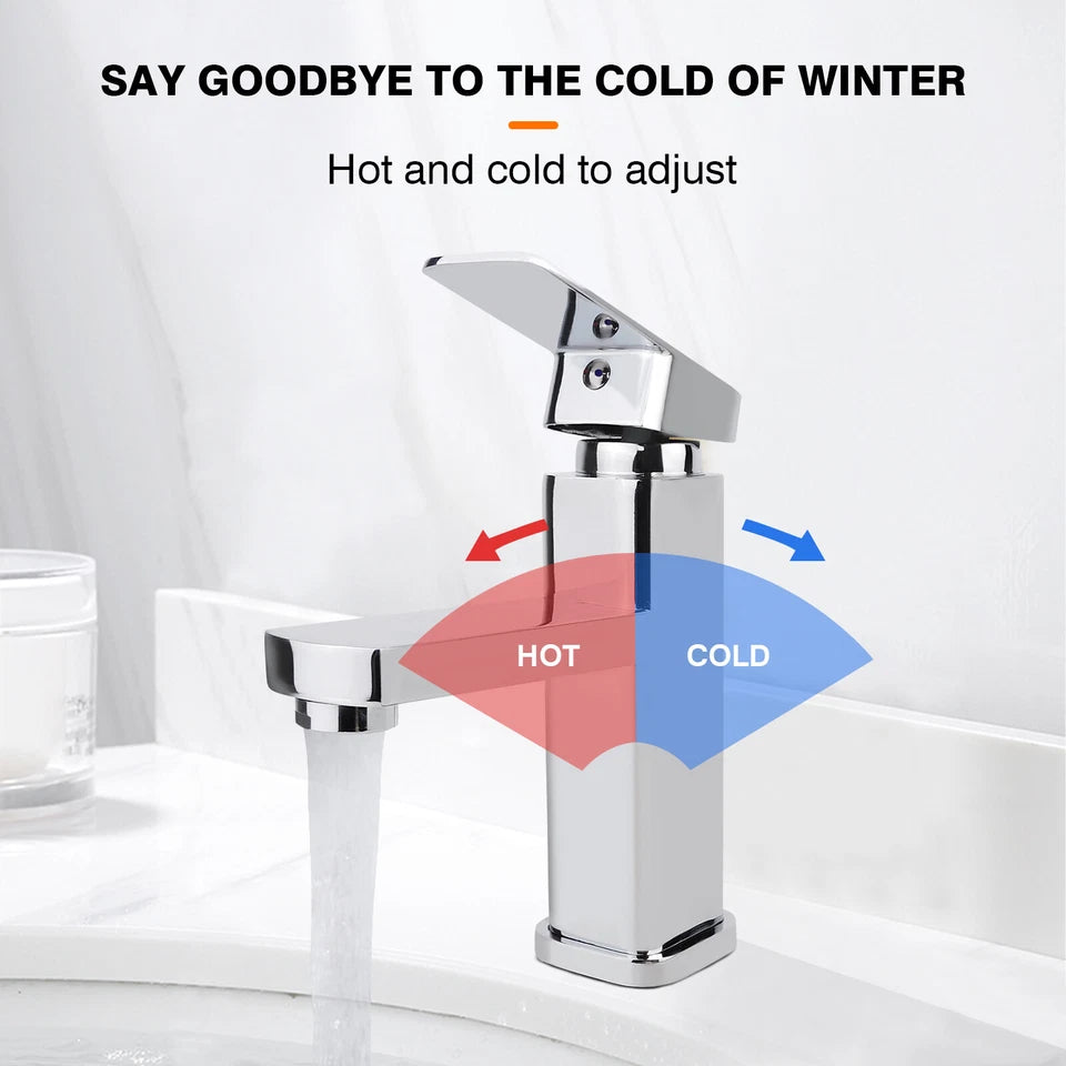 Waterfall Bathroom Basin Mono Mixer Tap Chrome Cloakroom with Flexible Hoses