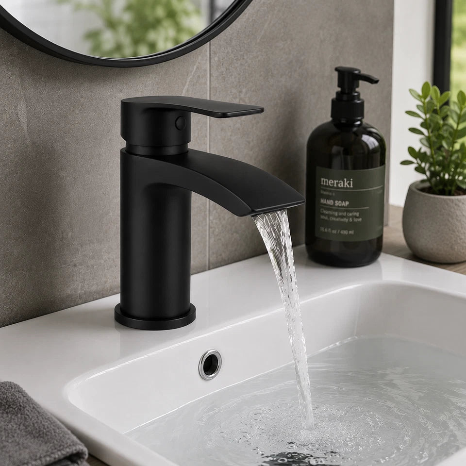 Black Bathroom Basin Mixer Tap Curved Modern Mono Cloakroom Sink Tap + Fittings