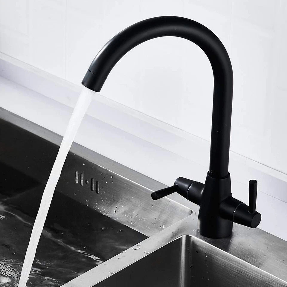 Modern Kitchen Sink Mixer Taps Swivel Spout Twin Lever Tap Mono Black Faucet