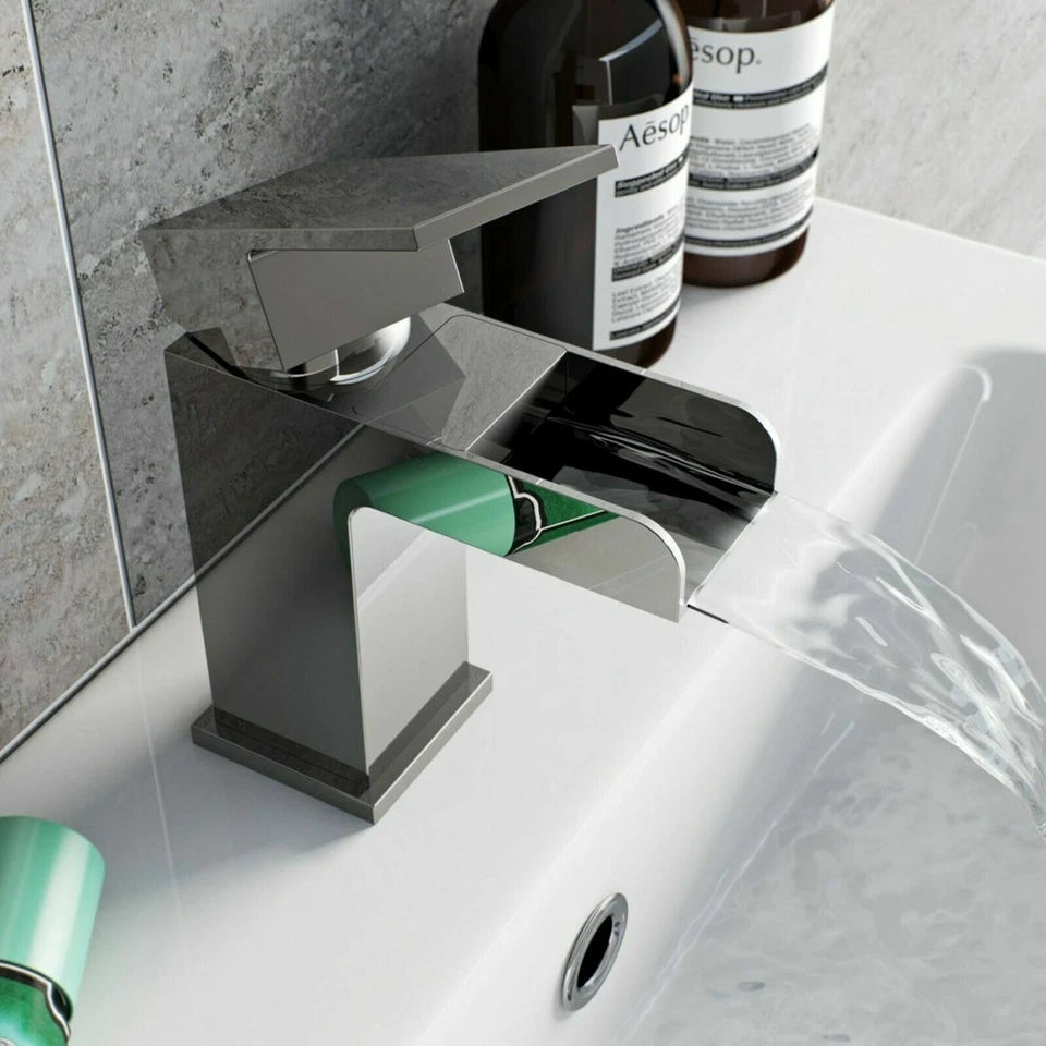 Cloakroom Chrome Luxury Bathroom Modern Basin Sink Mono Square Mixer Tap & Waste