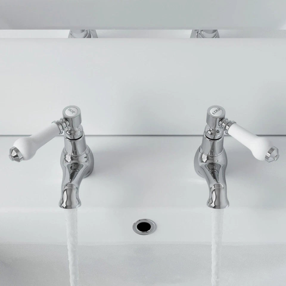 Traditional Basin Sink Taps Bathroom Hot Cold Chrome Ceramic Twin Lever Handles