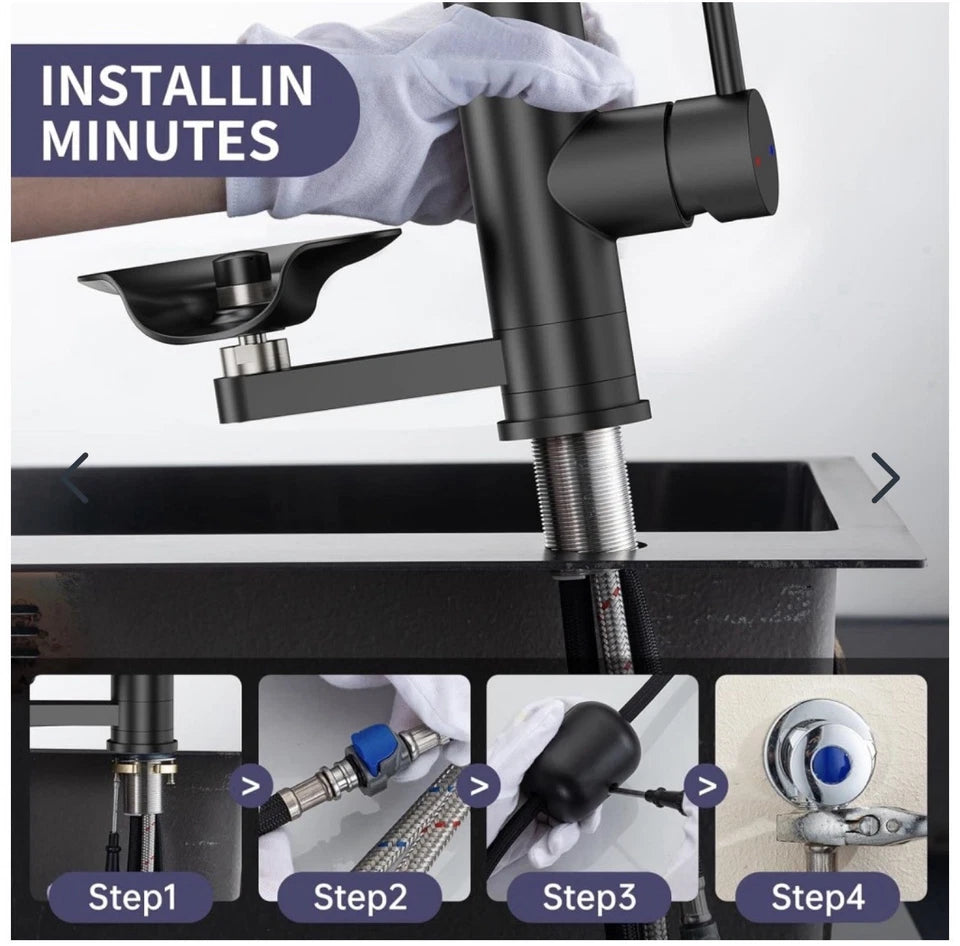 Kitchen Mixer Tap with Pull Out Sprayer Glass Rinser Dual Spray Modes Matt Black
