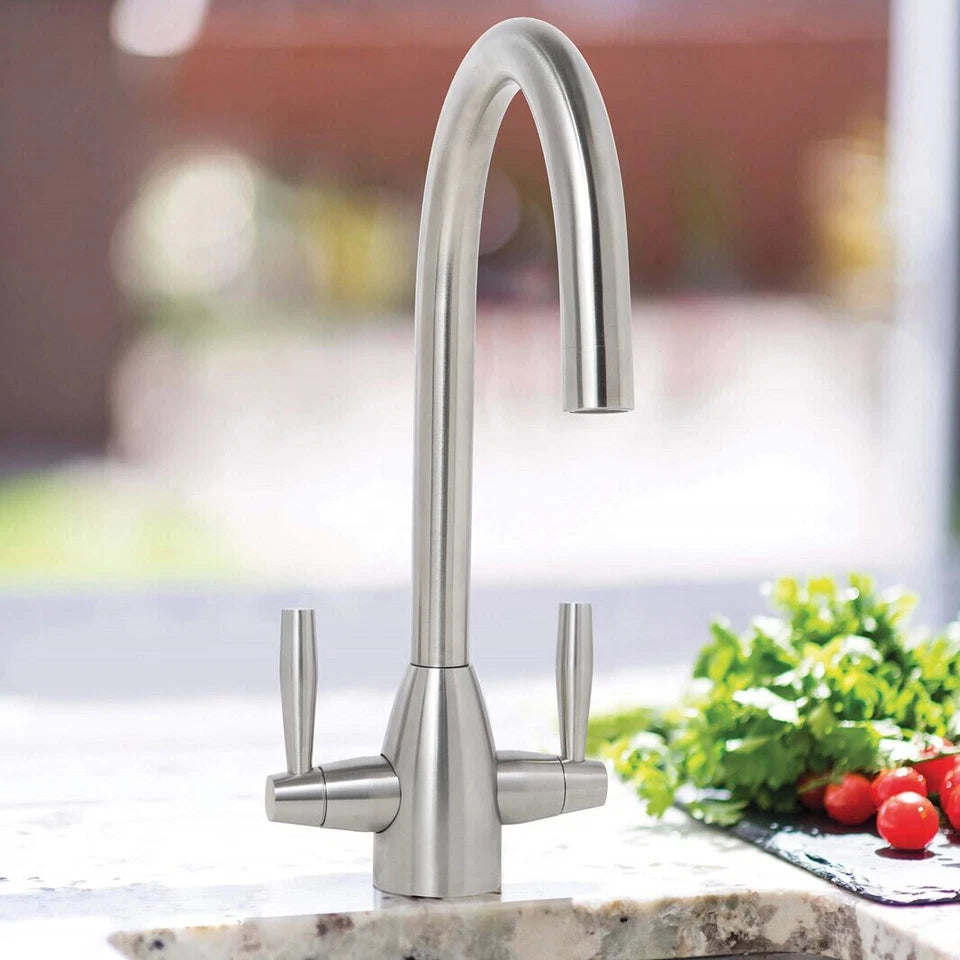 Kitchen Modern Mono Sink Mixer Tap Twin Lever Chrome Brushed Swivel Spout Faucet