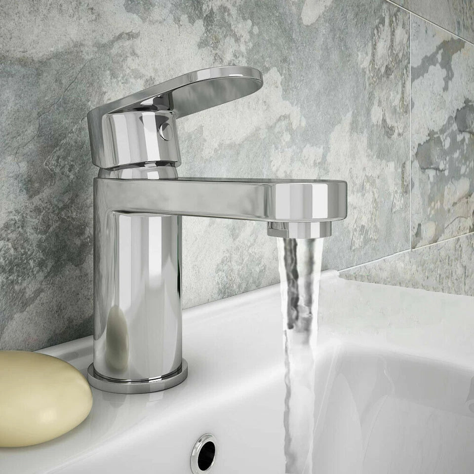 NEW Modern Bathroom Tap Basin Sink Mono Mixer Chrome Cloakroom + Waste