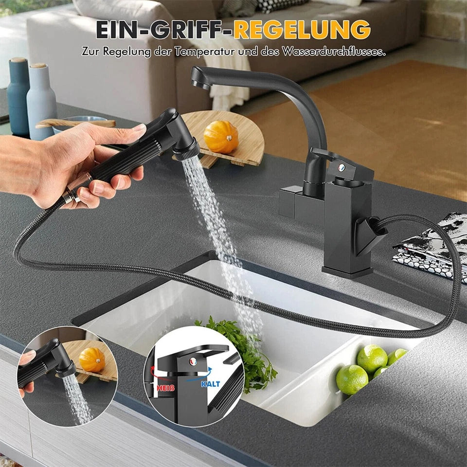 Matt Black Monobloc Kitchen Sink Mixer Tap with Pull Out Hose Spray Single Lever