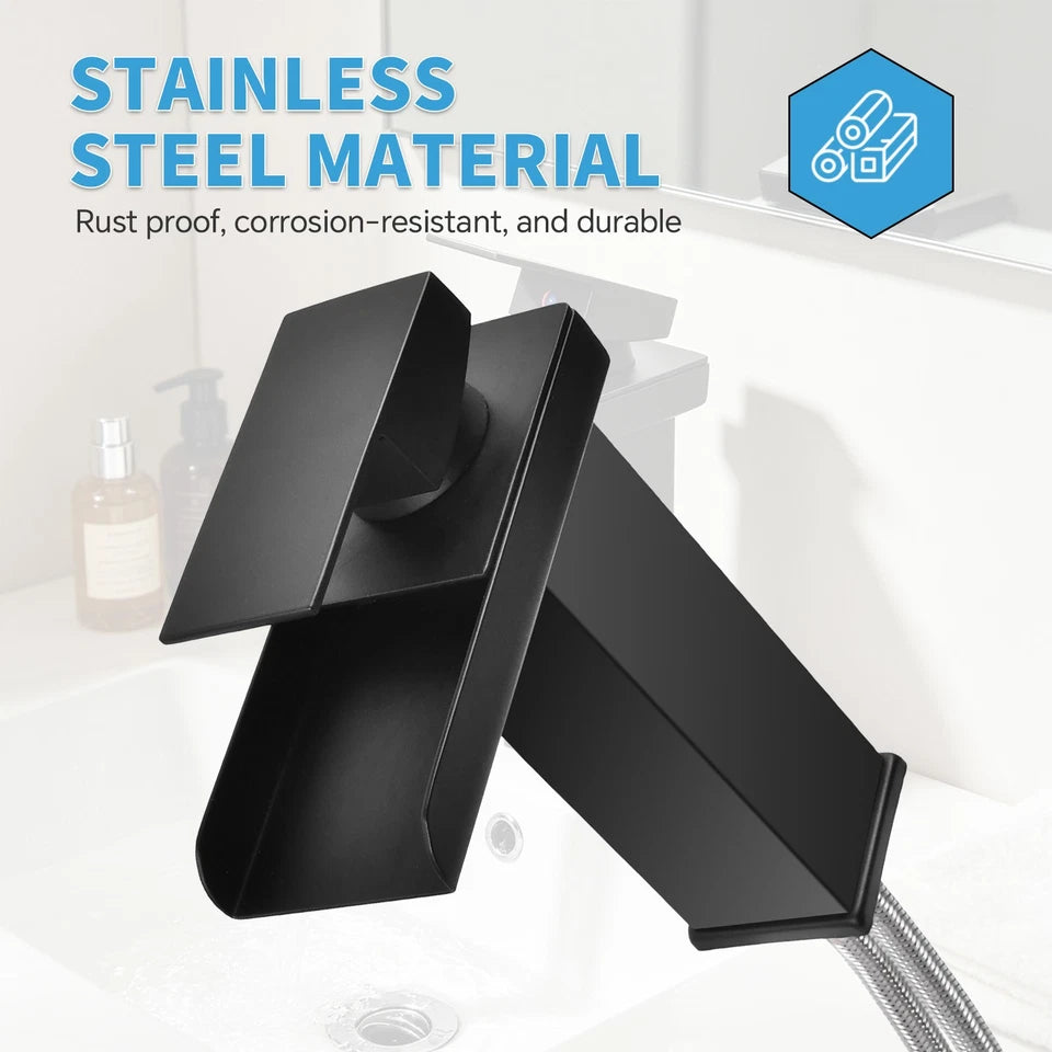 Black Square Waterfall Cloakroom Mini Basin Mixer Tap Sink Mono Bathroom + Waste