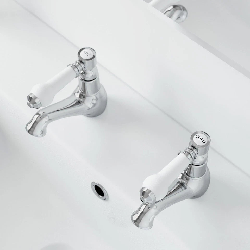 Traditional Basin Sink Taps Bathroom Hot Cold Chrome Ceramic Twin Lever Handles