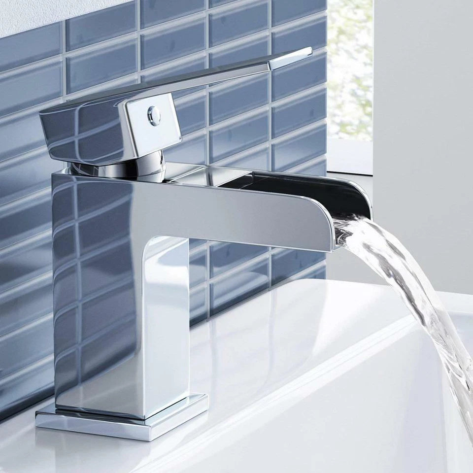 Cloakroom Chrome Luxury Bathroom Modern Basin Sink Mono Square Mixer Tap & Waste