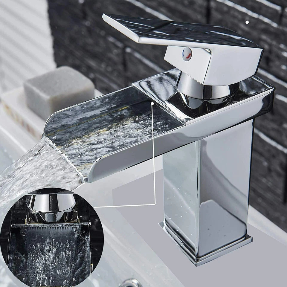 Cloakroom Chrome Luxury Bathroom Modern Basin Sink Mono Square Mixer Tap & Waste