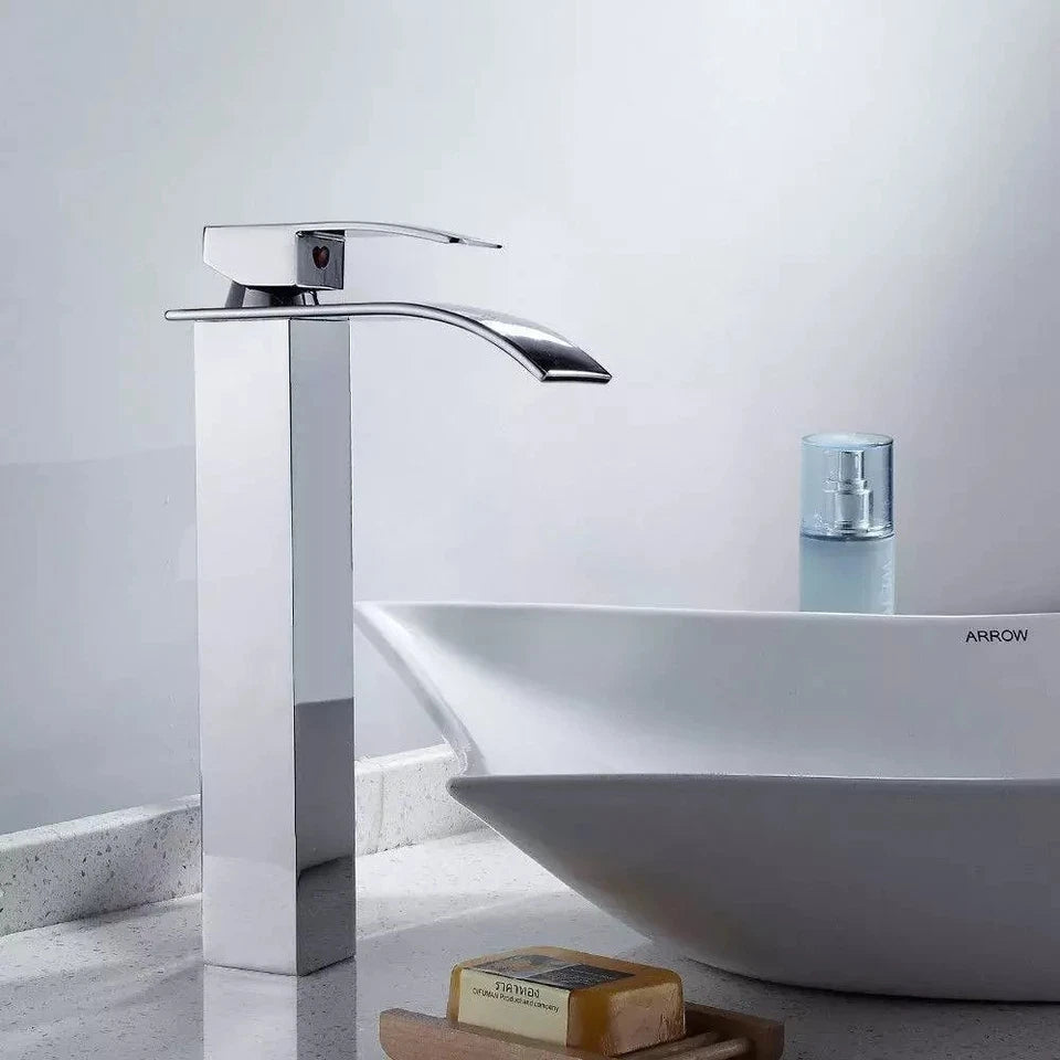 Tall Waterfall Basin Mixer Tap Chrome Bathroom Counter Top Brass Faucets Taps