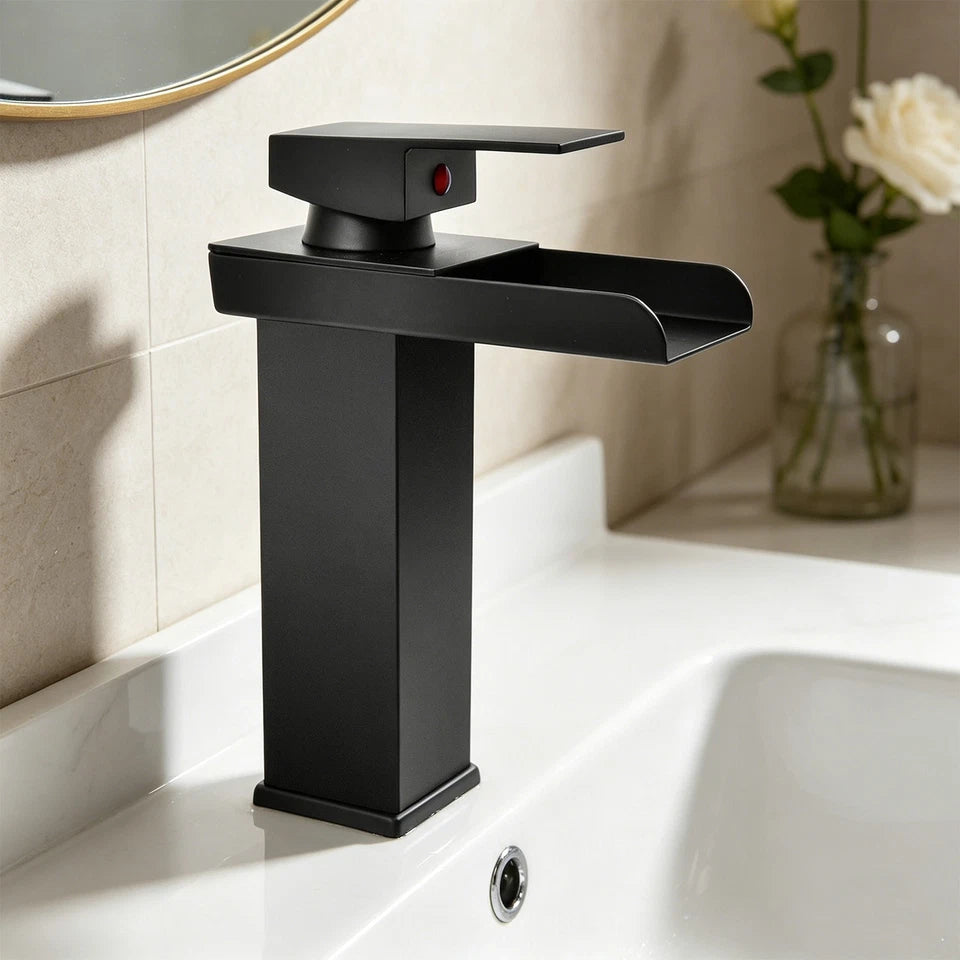 Black Square Waterfall Cloakroom Mini Basin Mixer Tap Sink Mono Bathroom + Waste