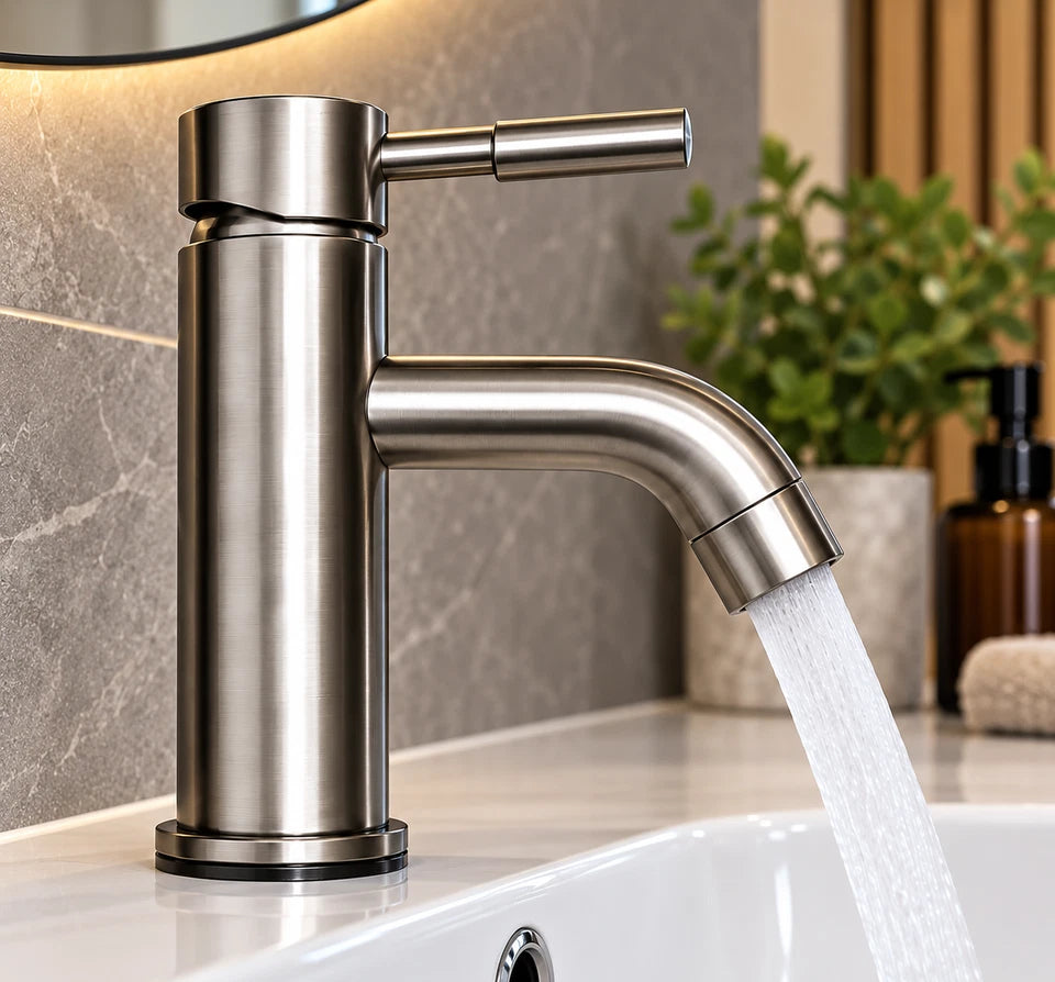 Gunmetal Grey Bathroom Basin Sink Tap Mono Mixer Round Modern Faucet + Waste