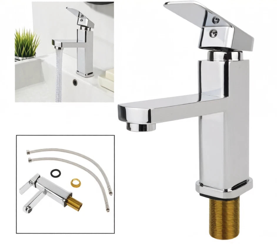 Waterfall Bathroom Basin Mono Mixer Tap Chrome Cloakroom with Flexible Hoses