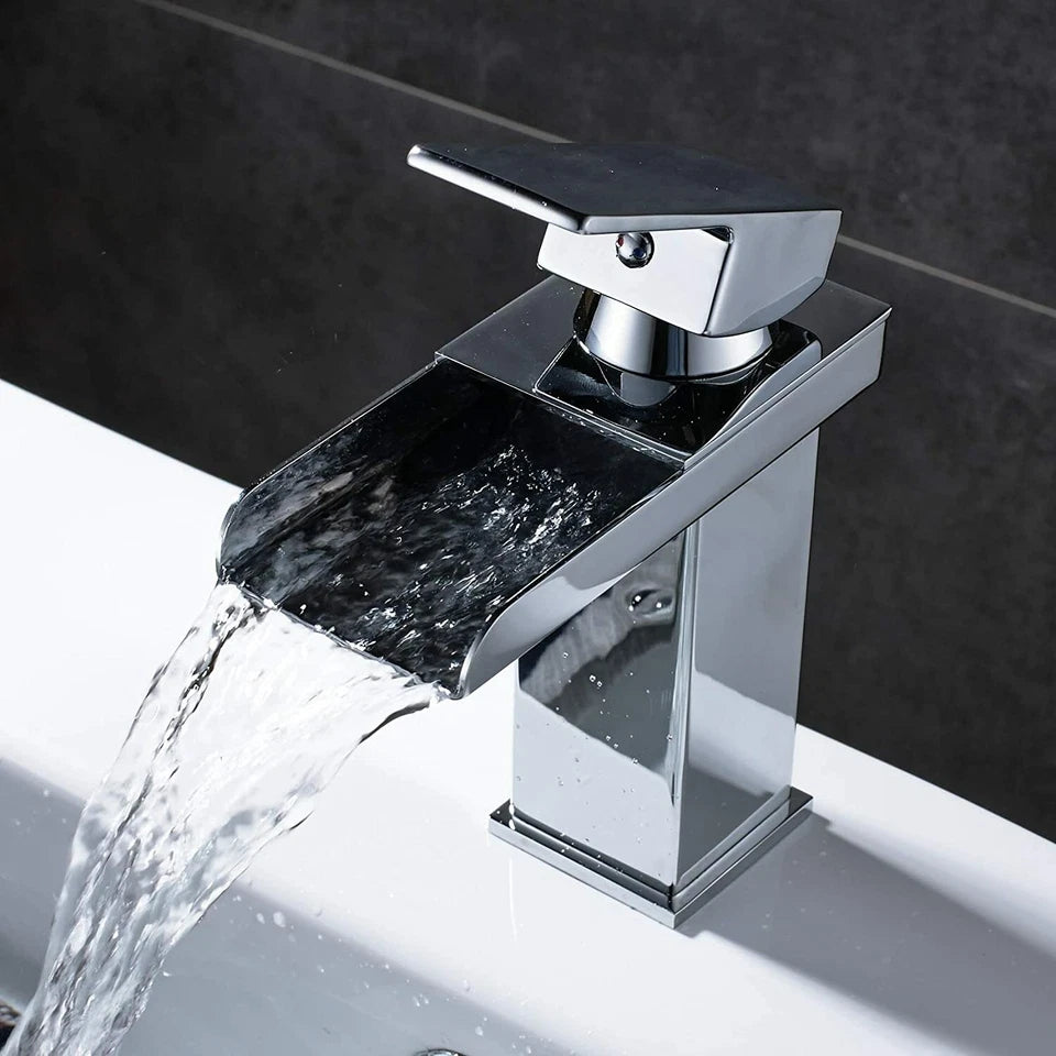 Cloakroom Chrome Luxury Bathroom Modern Basin Sink Mono Square Mixer Tap & Waste