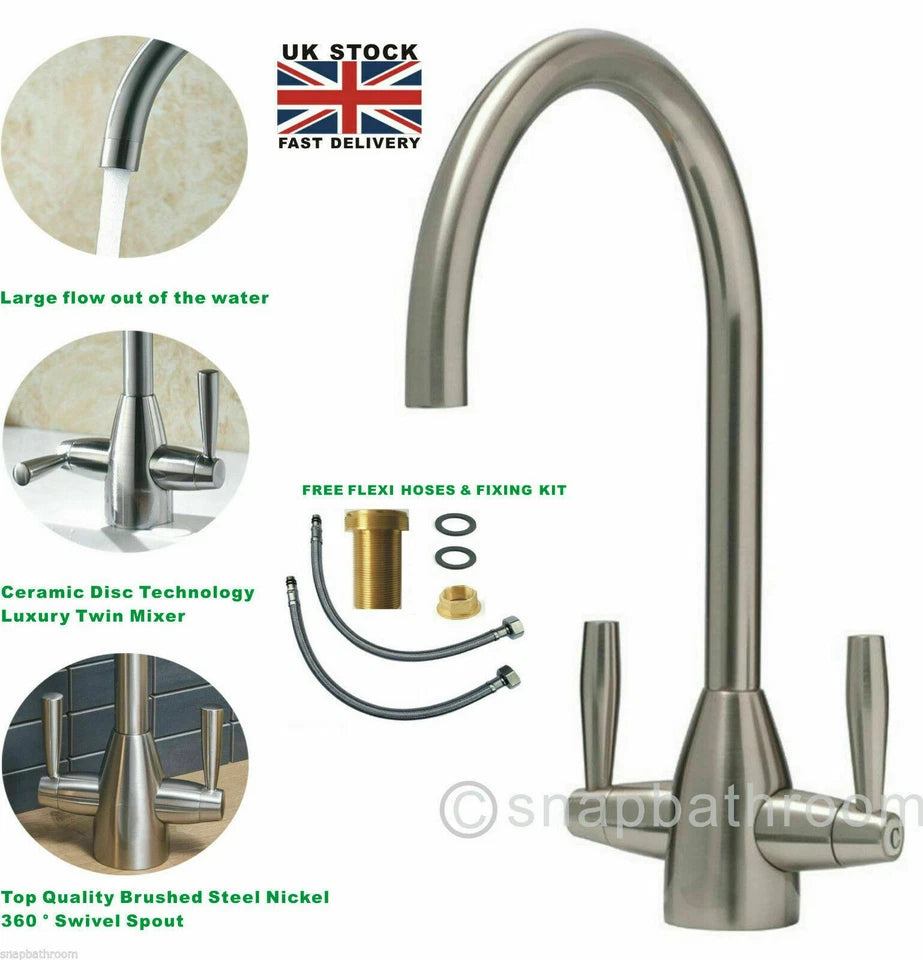 Kitchen Modern Mono Sink Mixer Tap Twin Lever Chrome Brushed Swivel Spout Faucet
