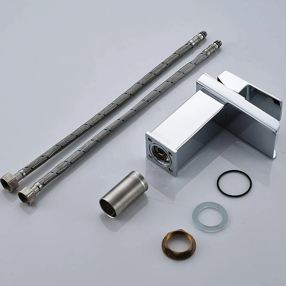 Cloakroom Chrome Luxury Bathroom Modern Basin Sink Mono Square Mixer Tap & Waste