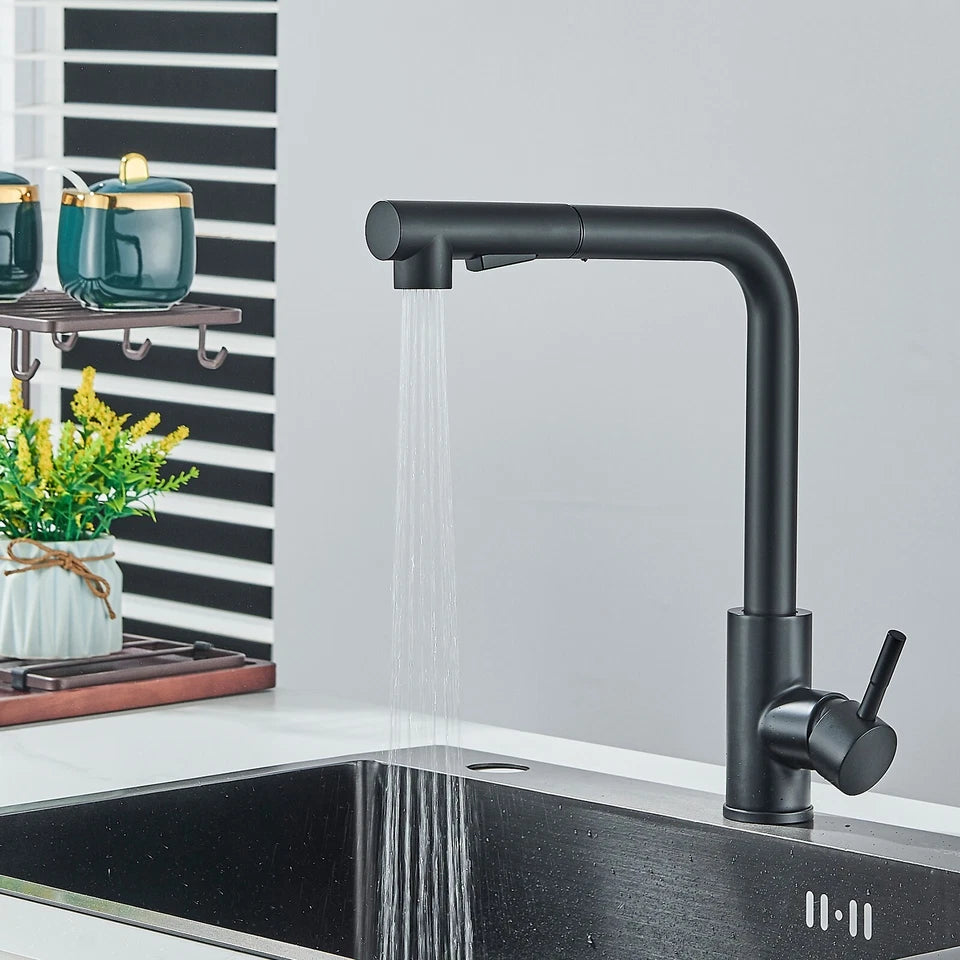Matte Black Kitchen Mixer Taps Pull Out Spray Head Single Lever Mono Sink Faucet