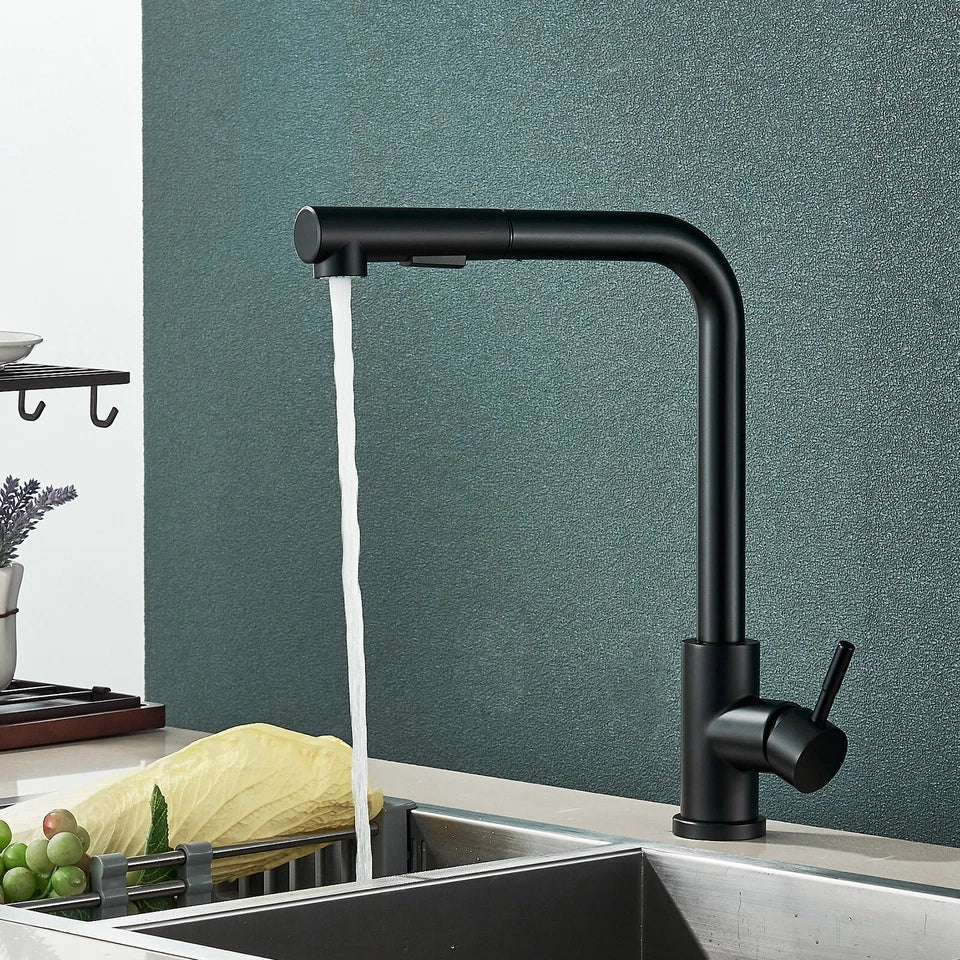 Matte Black Kitchen Mixer Taps Pull Out Spray Head Single Lever Mono Sink Faucet