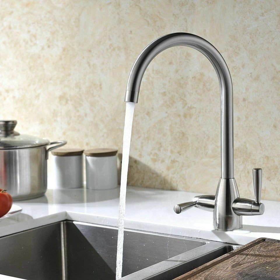 Kitchen Modern Mono Sink Mixer Tap Twin Lever Chrome Brushed Swivel Spout Faucet