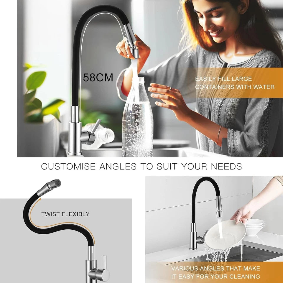Peppermint Flexible Kitchen Sink Mixer Tap Single Lever Black and Chrome Kitchen