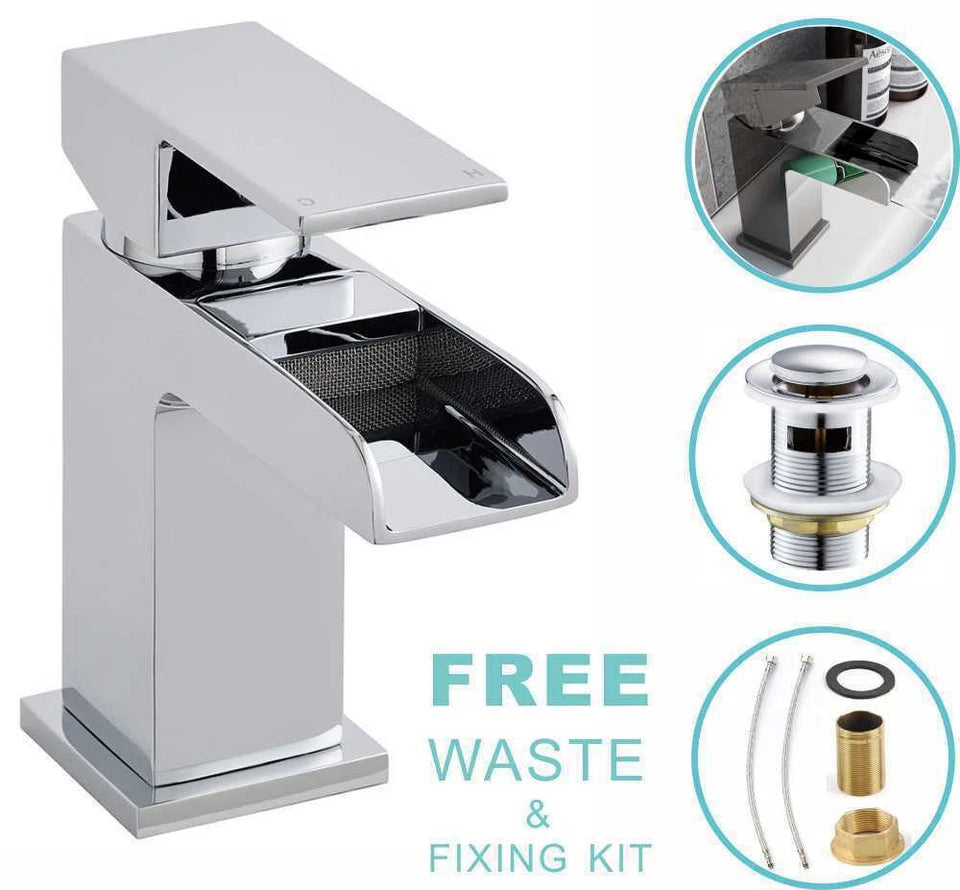 Cloakroom Chrome Luxury Bathroom Modern Basin Sink Mono Square Mixer Tap & Waste