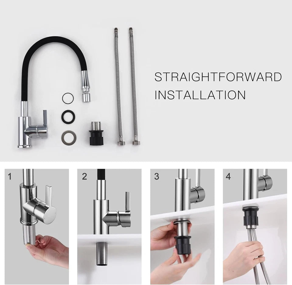 Peppermint Flexible Kitchen Sink Mixer Tap Single Lever Black and Chrome Kitchen