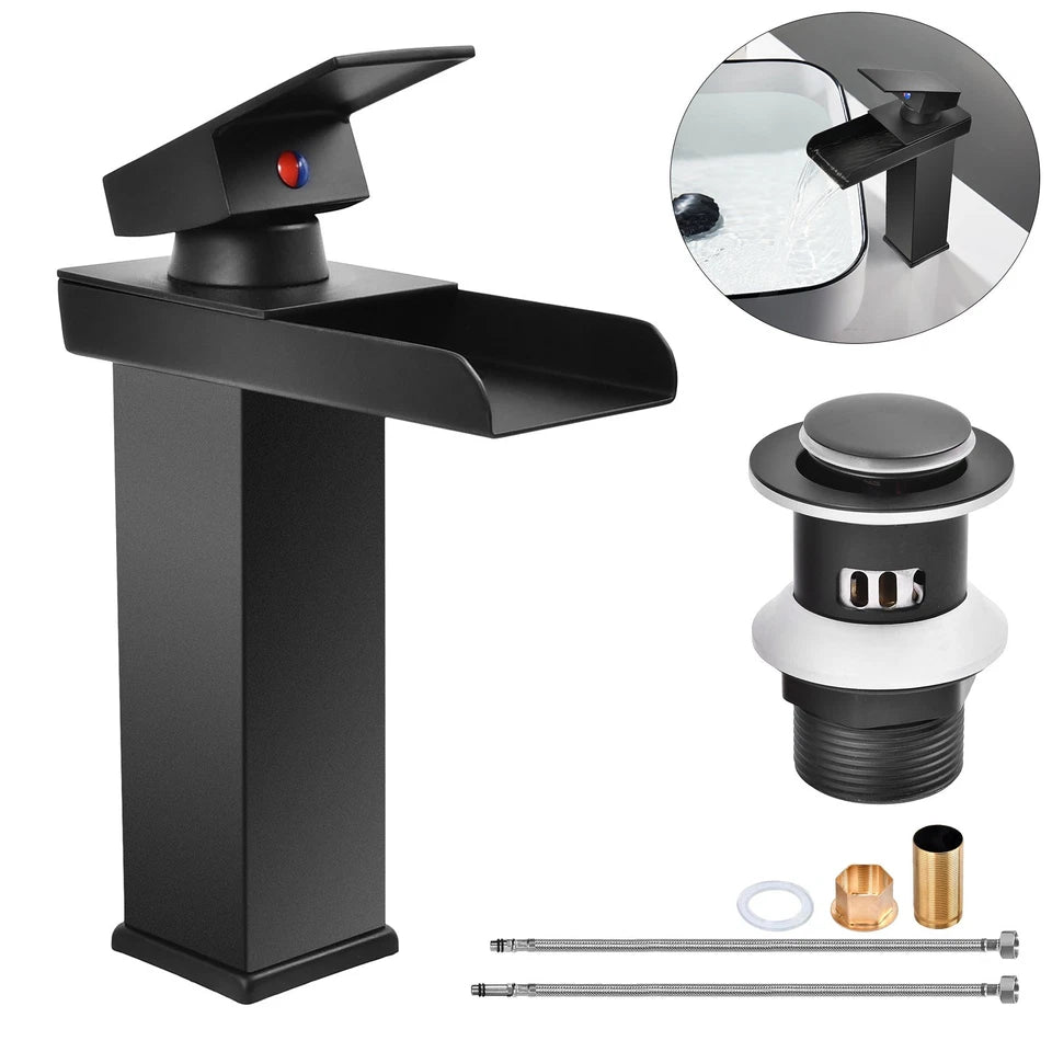 Black Square Waterfall Cloakroom Mini Basin Mixer Tap Sink Mono Bathroom + Waste