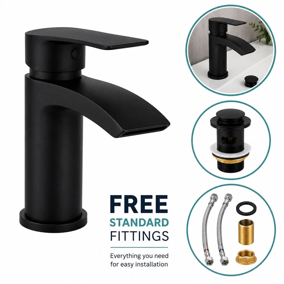 Black Bathroom Basin Mixer Tap Curved Modern Mono Cloakroom Sink Tap + Fittings