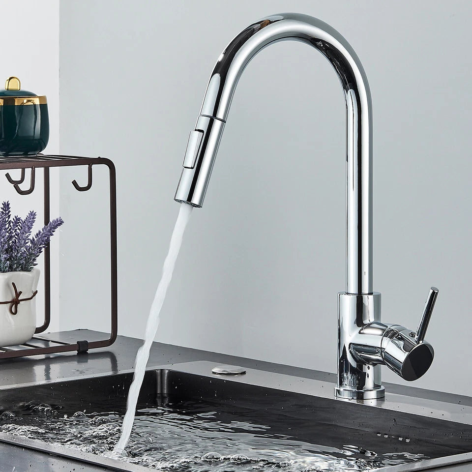 Chrome Modern Mono Kitchen Mixer Tap Pull Out Spray Head Single Lever Swivel Sink Tap